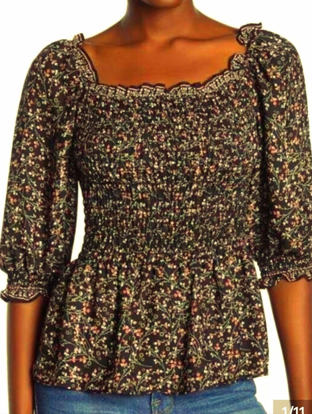 Max Studio Floral Boho Peasant Smocked Peplum Top 3/4 Sleeves Size Large